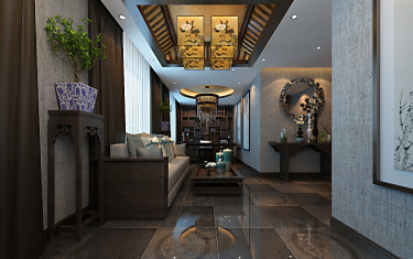 500平别墅雅致新中书房