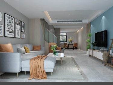 130平外滩首府现代风格-蓝色海洋与浅灰色木纹的碰撞